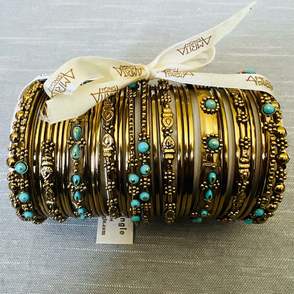 New Amrita Singh Turquoise & Gold 36 Piece Bangle Bracelet Set - Picture 2 of 6